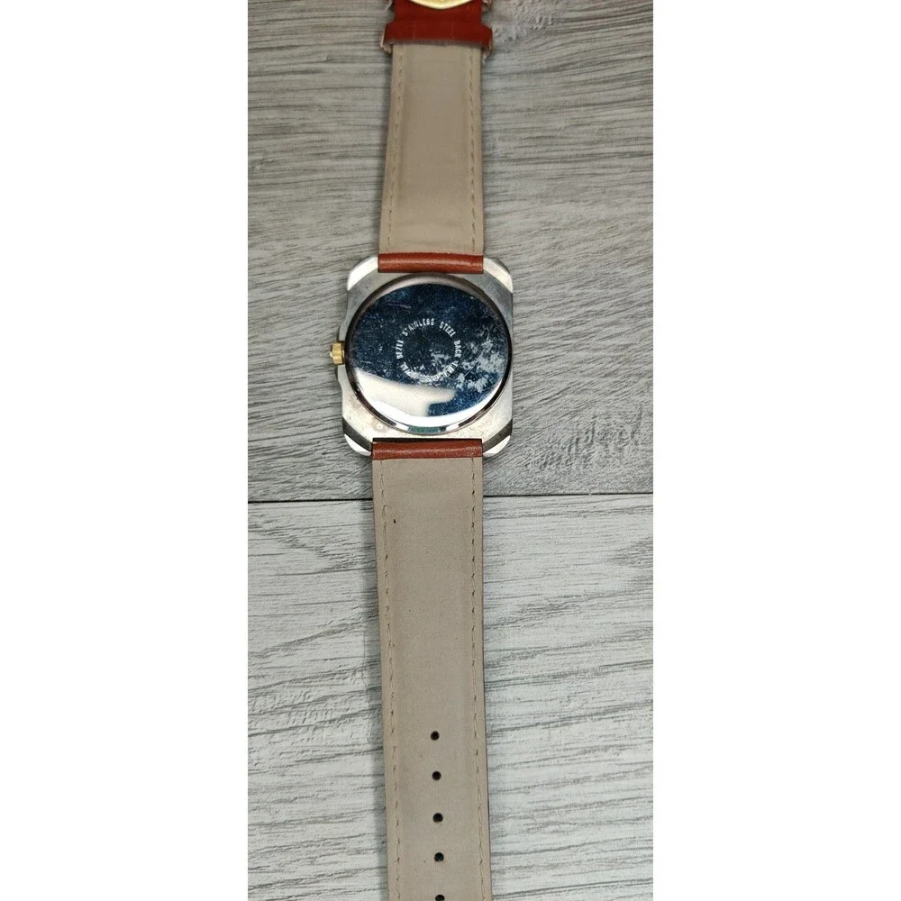 Vintage Vogue Quartz Watch Square Two Tone Case Japan Movt Brown Leather Strap